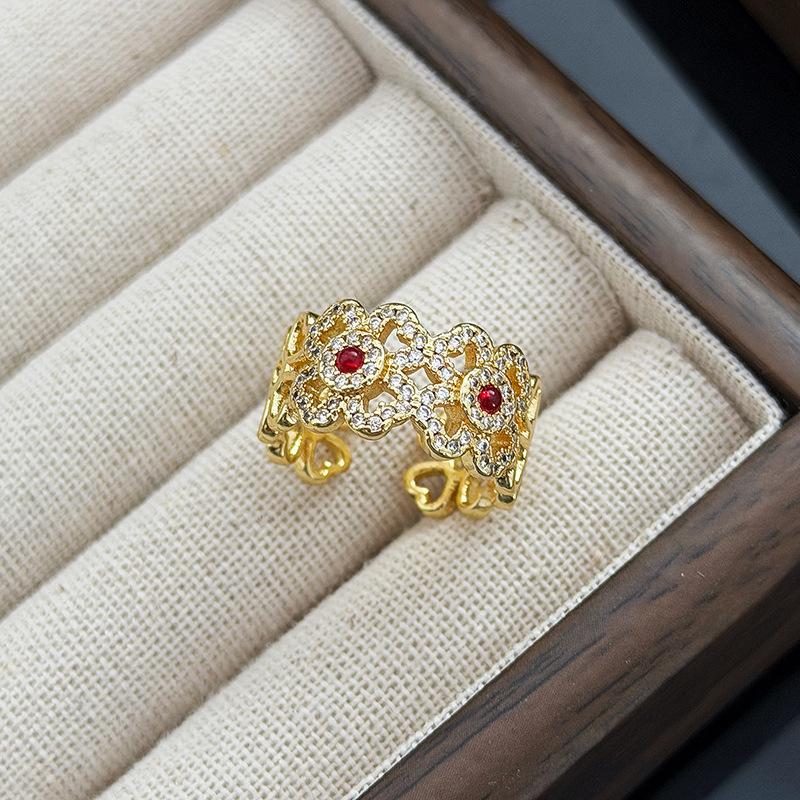 Mittelalterlich Vintage Hofstil Retro Gold Hohl Farbig Schatz Mit Diamanten Zir*****Stift Ring Stapelring Frau