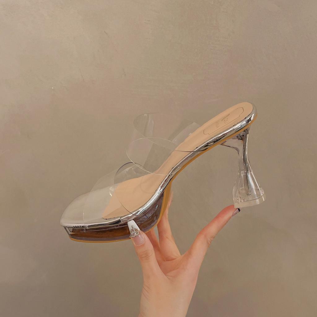 Thick-bottomed waterproof table transparent one-word with high-heeled slippers women's 2025 summer wear crystal and thick-heeled cool slippers