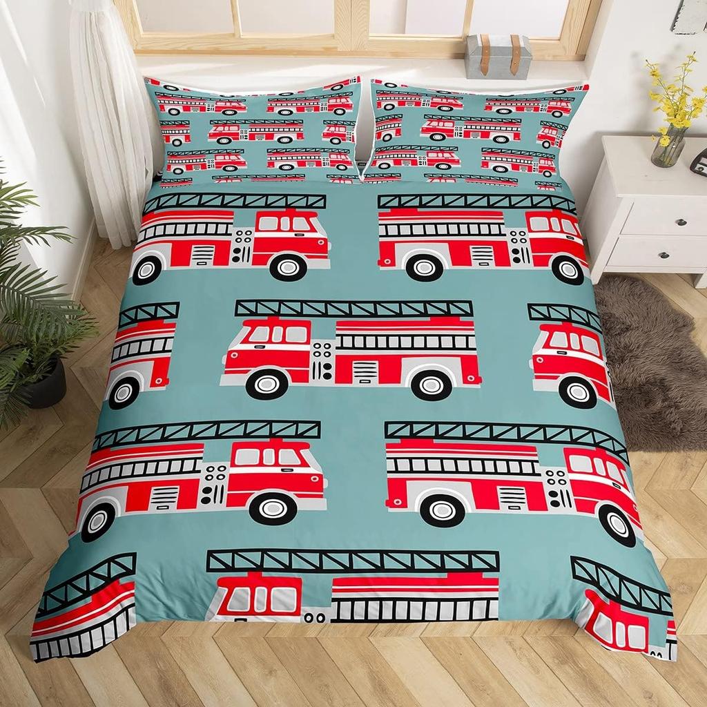 Comforter Fire Truck For Kids Boys Fire Engine Vehicle Extinguisher Fire Hydrant Print Bedding Set Microfiber Twin