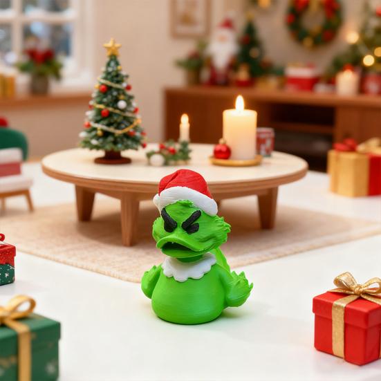 Mini Green Duck Figurine Collectible Christmas Duck Ornament Duck Figure Wearing Xmas Hat for Festival Party Table Shelf Decoration