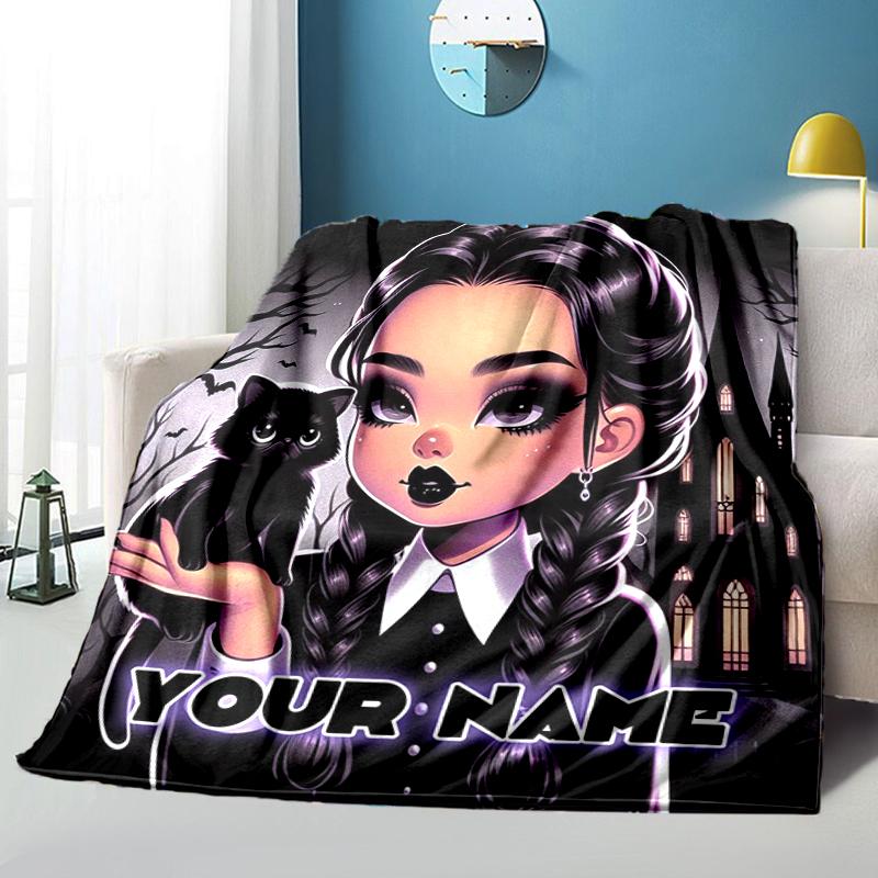 1PC Custom Name Gothic Cat Girl Artwork flannel blanket versatile,all-season throw suitable for the living room,bedroom,camping,travel,and gift