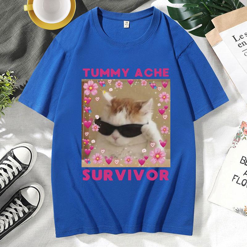 

Tummy Ache Survivor Funny Cat Meme TShirt Unisexs Womens Clothing Summer Fashion Comfort Cotton T Shirt Retro Harajuku Tshirts 4XL