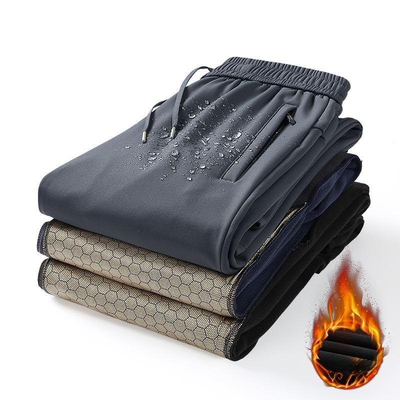 Pánské zimní zateplené kalhoty se silnou podšívkou z fleecu, volného střihu, větruodolné, voděodolné, termální, ležérní tepláky, sportovní fleecové kalhoty