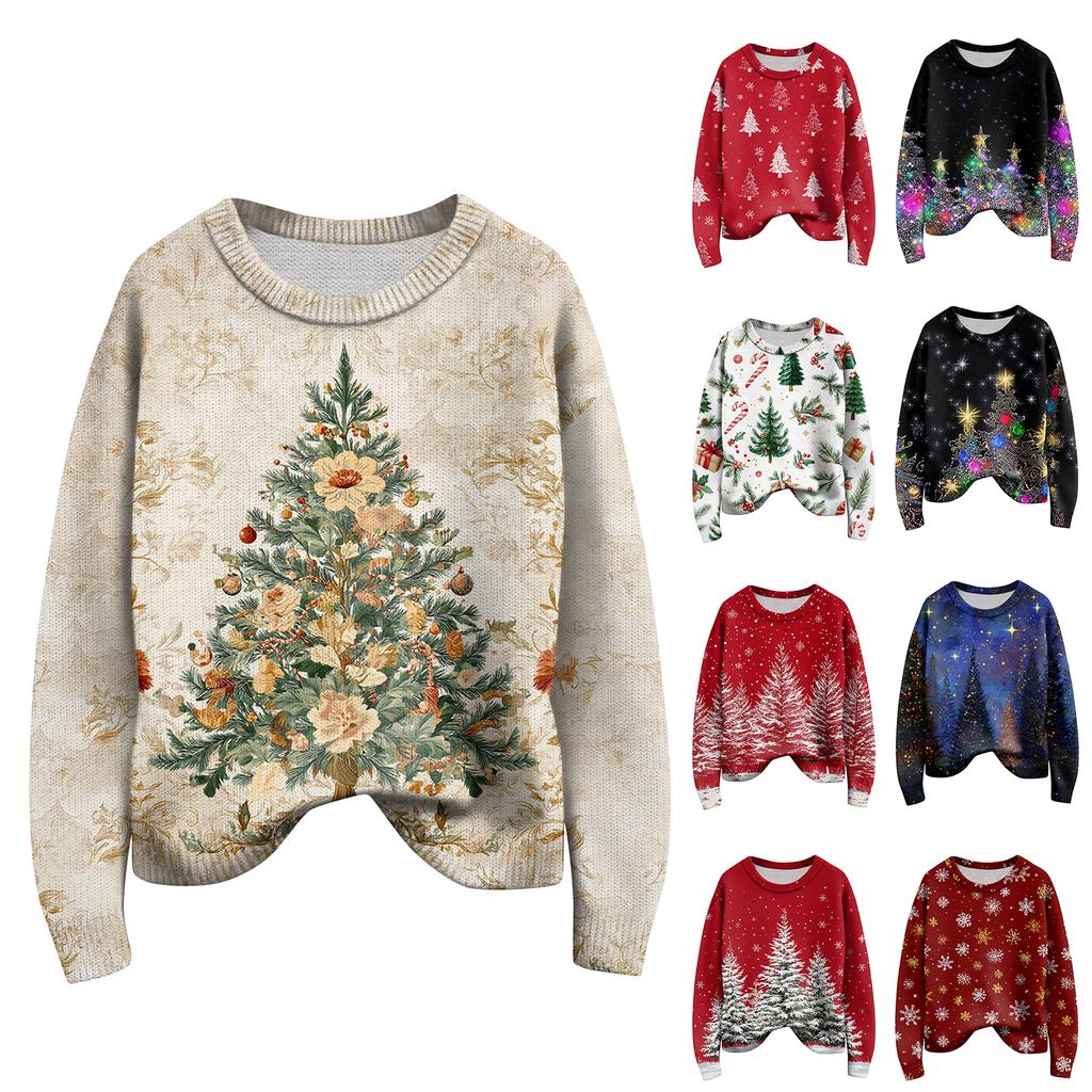 Long Sleeve Pullover Sweaters For Women O Neck Casual Cute Printing Knit Oversized Sweater