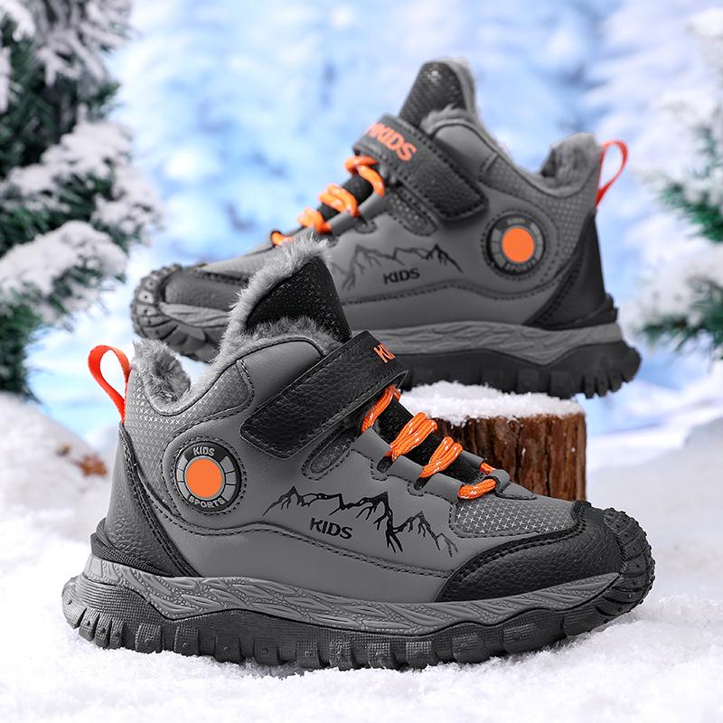 Winter Children's Fashionable Fleece Warm Outdoor High Top Cotton Boots Snow Boots Hiking Cotton Shoes 30-40