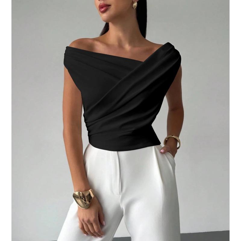 

Solid Color Sleeveless T-Shirt Women s Simple Style Slim Shoulder Slim Cropped Top S чорний