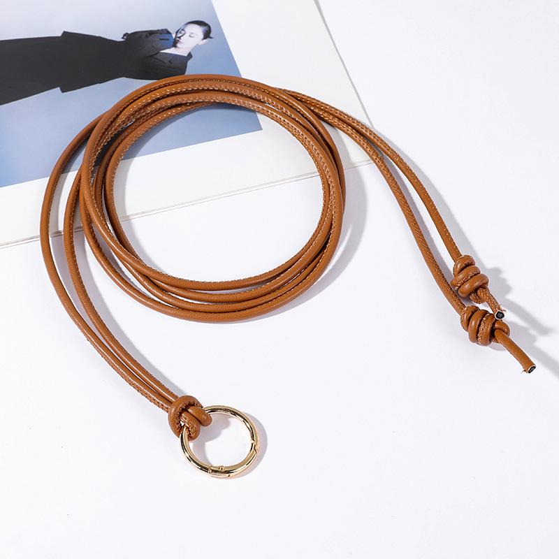 Women Metal Round Ring Leather Rope Knotted Belt Solid Color Long Thin Skinny PU Waistband Female Dress Skirt Decorative Straps