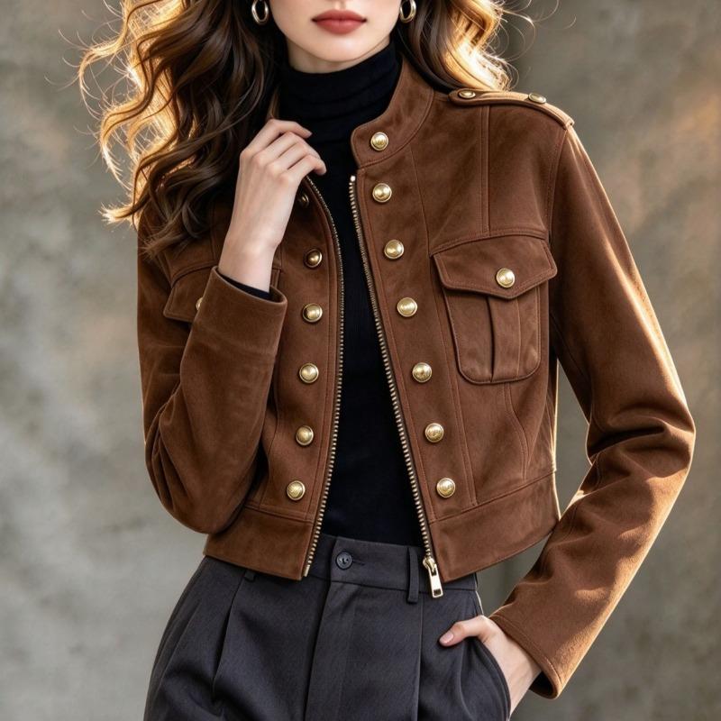 Vintage Suede Short Jacket Women's Maillard Stand-Up Collar Heavy Industry Gold Button Tooling Jacket
