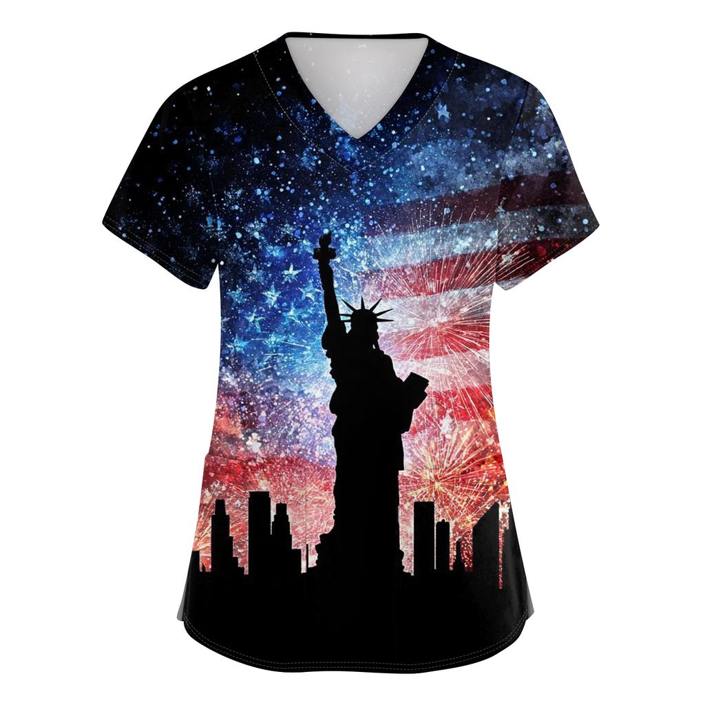 Damen V-Ausschnitt Unabhängigkeitstag Aufdruck Kurzarm Tasche Seitenöffnung Schutzkleidung Arbeitshemd
