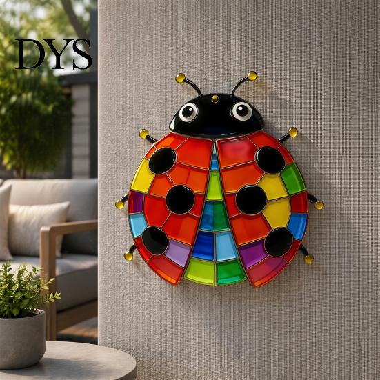 Outdoor Wall Art for Fence 2Pcs Colorful Acrylic Ladybug Stickers, Adhesive Insect Stained Glass Style Decor Cute Decoration Garden 2D Hanging