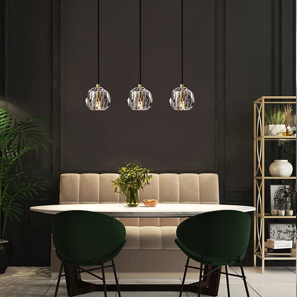 Okuchodo Ice Block Clear Glass Cube Pendant Light, 3-Light Crystal Glass Hanging Light, No Installation Required, LED Compatible, Adjustable Cord,