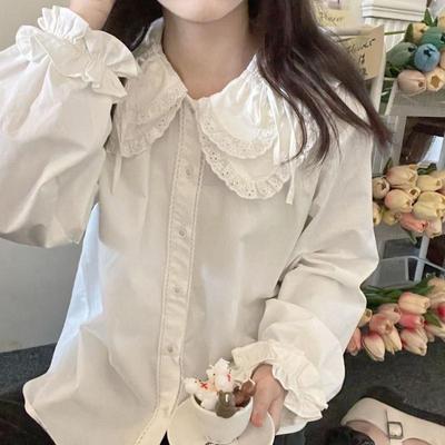Kawaii Lace Shirt White Peter Pan Collar Blouses with Lush Sleeve Fall Korean Lolita Preppy Style Button Up Cute Tops