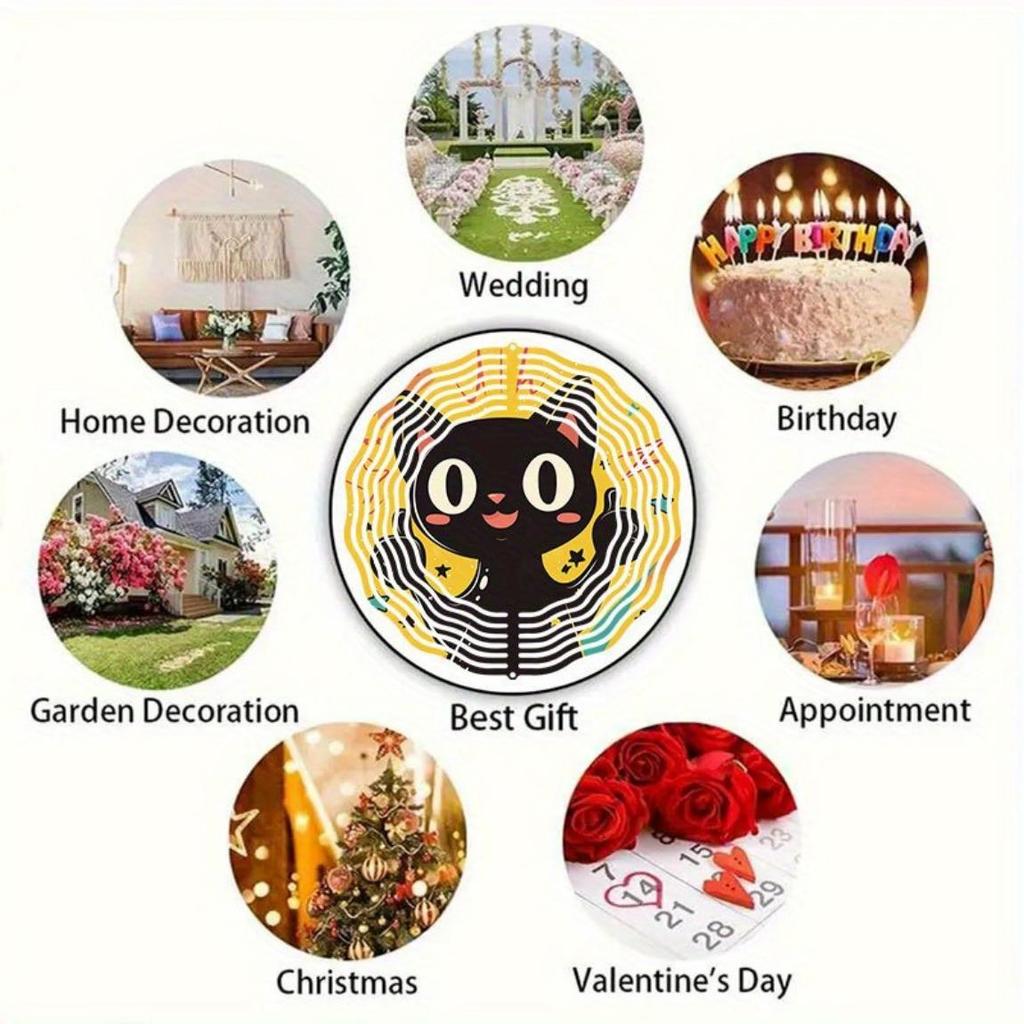 Cute Black Cat Wind Spinner Outdoor Decorative Kinetic Yard Art Hanging Wind Chime for Halloween Christmas Thanksgiving Durable Metal Garden Decor