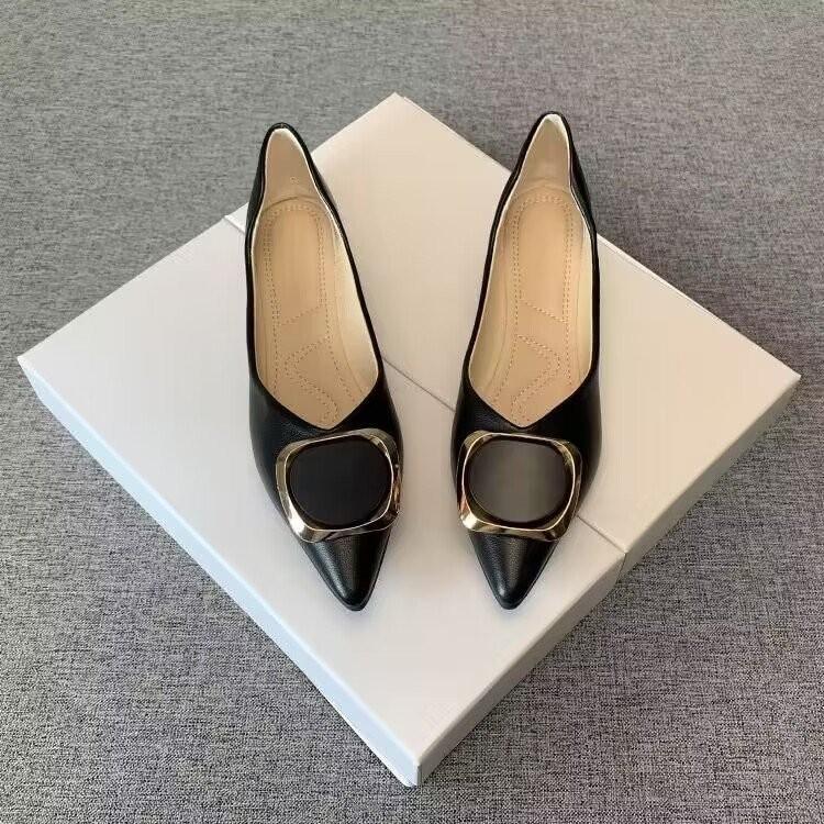 Summer 2025 New Shallow Mouth Pointed Head Flat Bottom Soft Sole Single Shoes Femininity Real Soft Leather Shoes Medium Heel Thick Heel Work Shoes