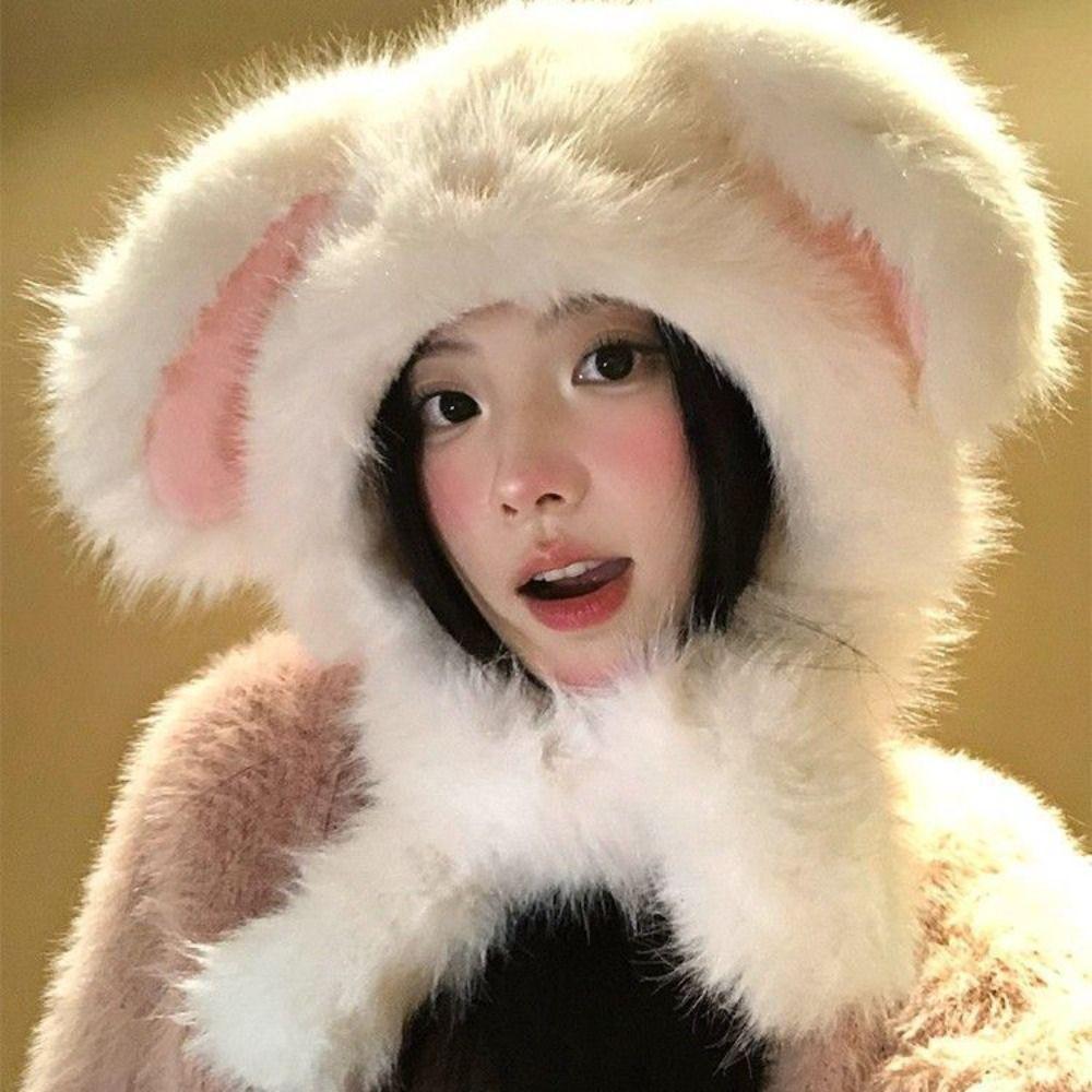 Little Rabbit Winter Plush Hat Anti-cold Fluffy Ear Protection Cap Rabbit Ears Warmer Hat Women