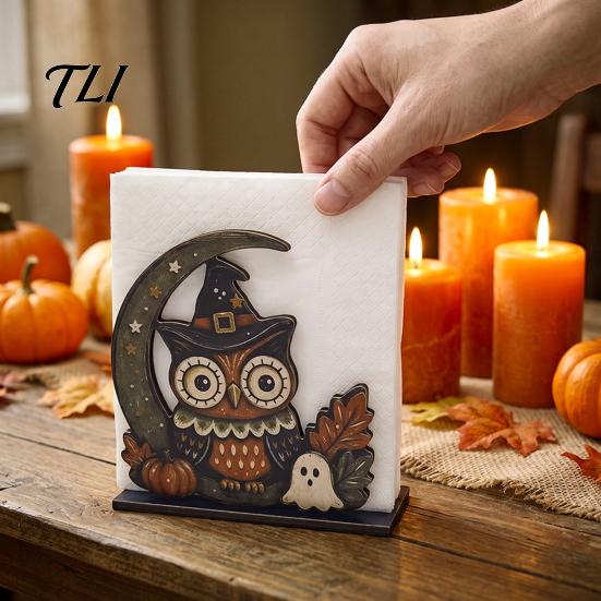 Kitchen Countertop Decoration Halloween Wood Napkin Holder, Rustic Ghost Skeleton Owl Pumpkin Dispenser, Tissue Holder Vintage Tabletop Standing