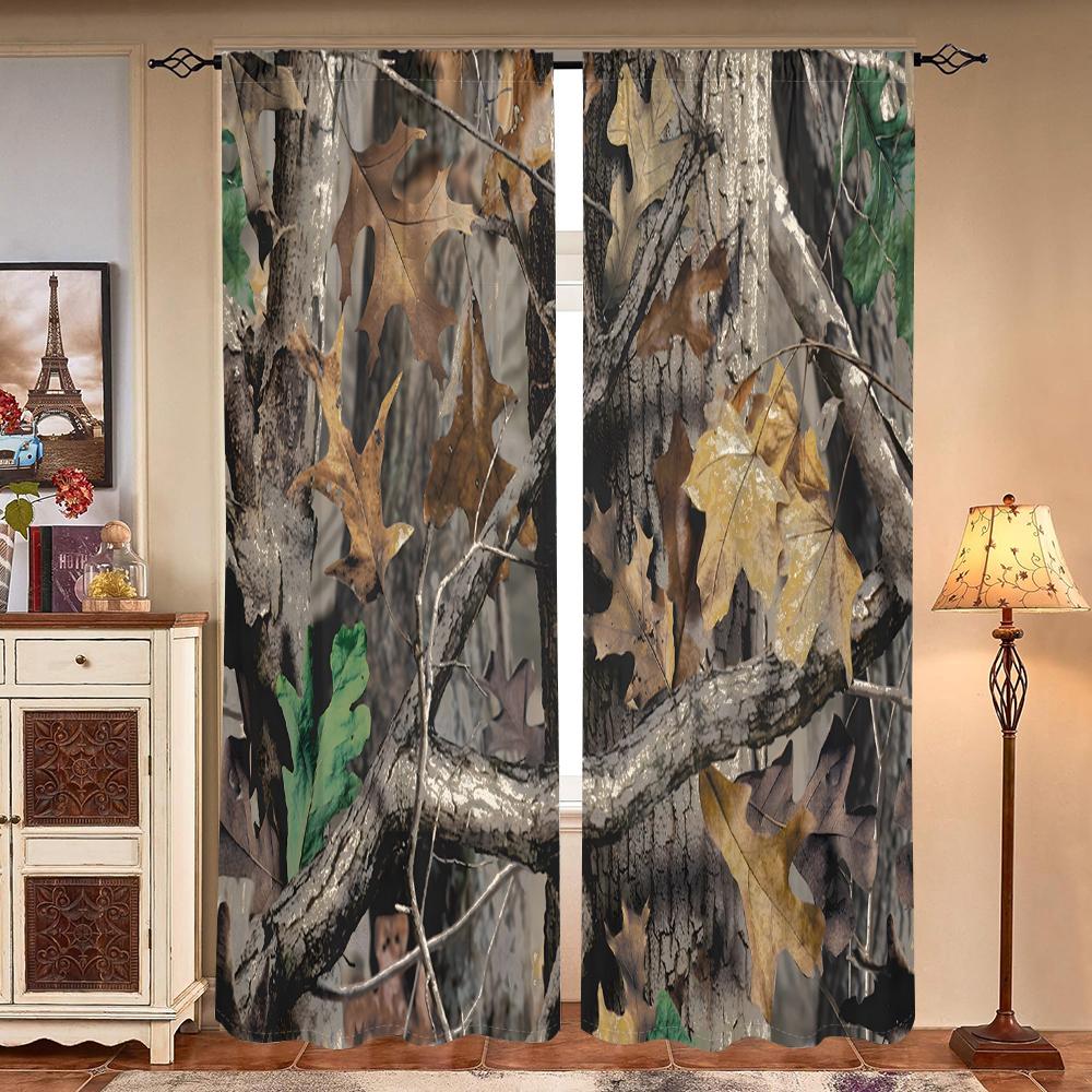 2 Stück, Tarnmuster waldgrüne Blätterzweige Vorhänge - halbverdunkelnd - geeignet für Wohnzimmer, Schlafzimmer, Küche, Heimdeko