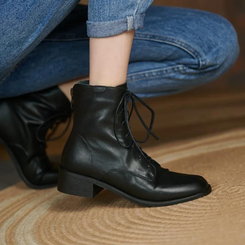 Fashion Autumn New Women's Boot Thick Heel Low Eye Fashion Boots Lacing Up Vintage Short Boots Cowhide Spring And Autumn Single Boots