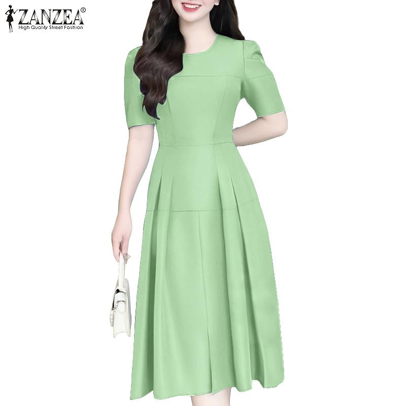 

ZANZEA Women Casual Round Neck Summer Short Sleeve Elegant Dress S зелёный