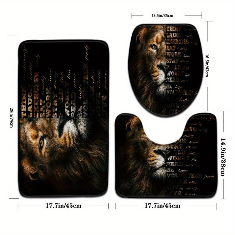 3pcs Mysterious Lion Bathroom Rug Set Non-Slip U-Shaped Mat and Toilet Lid Cover Animal Theme Washable Indoor Floor Mats