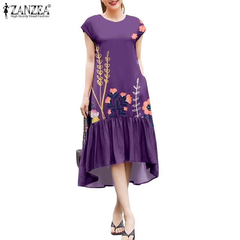 ZANZEA Women Casual Round Neck Loose Casual Sleeveless Print Dress