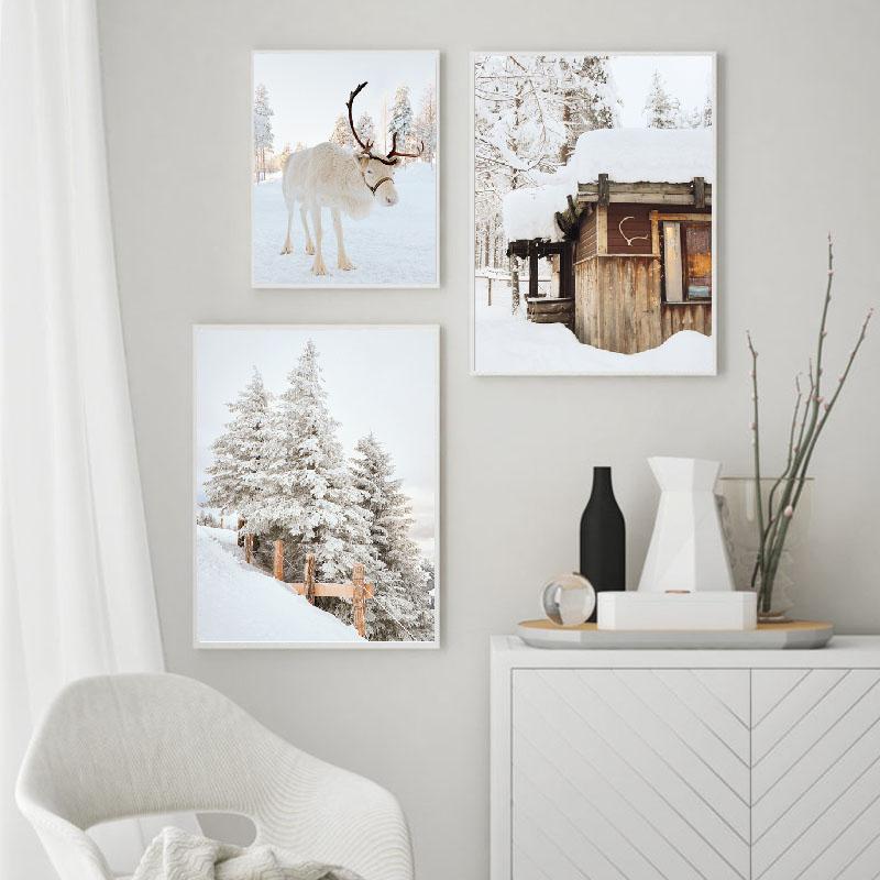 

Зимняя снежная сцена, нейтральный рождественский белый олень, снежный лес, холст, картина, фотопринты, постеры, настенные художественные фотографии, домашний декор