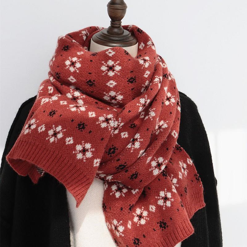 Winter New Ins Floral Wool Scarf Thickened Warm Scarf Student Japanese Retro Scarf Versatile