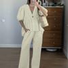 Spring and Summer New Sweet Solid Color Set Cotton V-neck Top Puff Short Sleeve Long Pants 2-piece Set