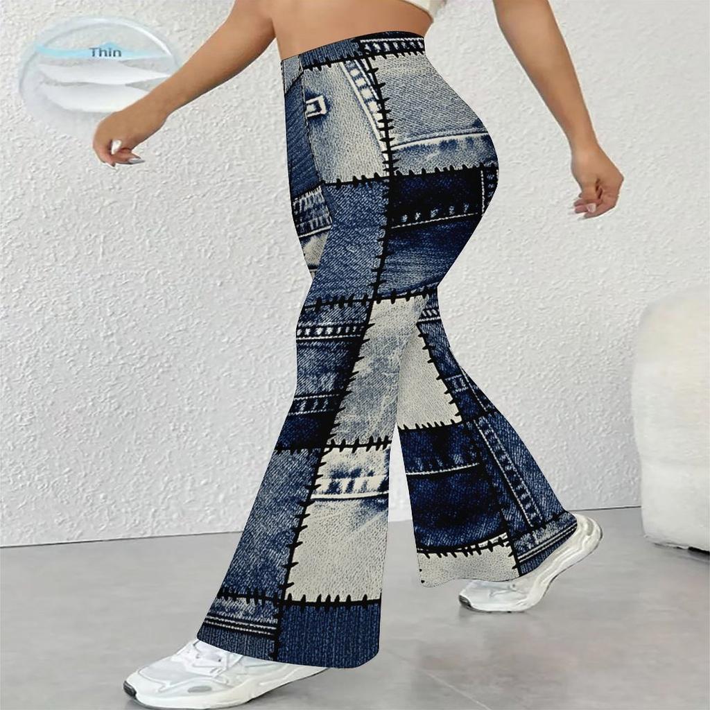 Kadın Günlük Yüksek Bel İspanyol Paça Pantolon, Geometrik Desenli Sokak Giyimi Çan Paça Pantolon