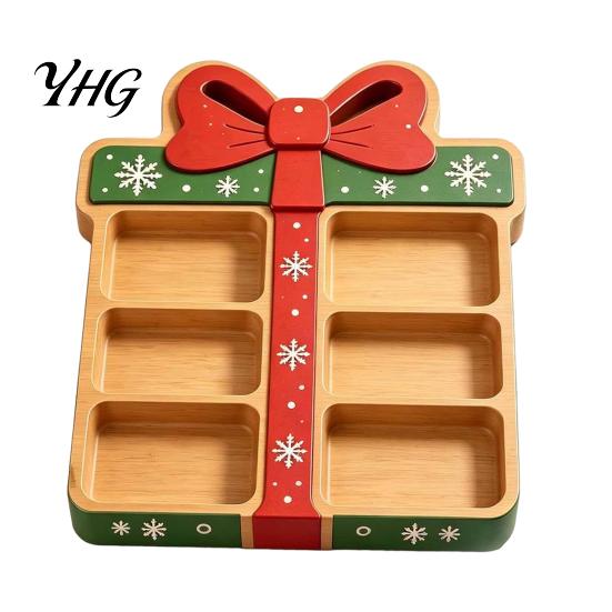 Christmas Tableware for Home Decor Tree Serving Platter, Wooden Snack Tray Holiday Parties, Multi-Compartment Food Display Elk Design Dessert