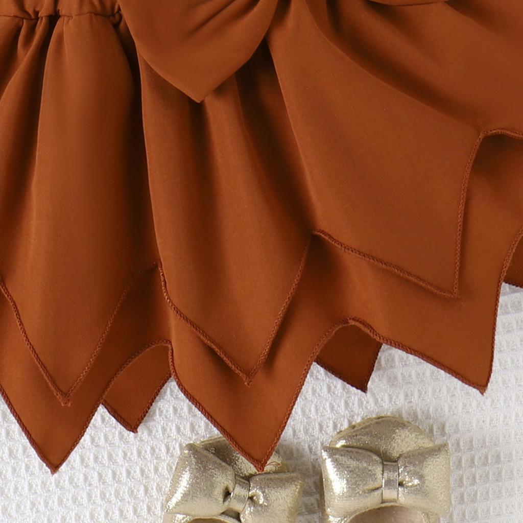 Children's Clothing Autumn Winter Puff Sleeve Ribbed Top Solid Color Bow Irregular Hem Girls' Set
