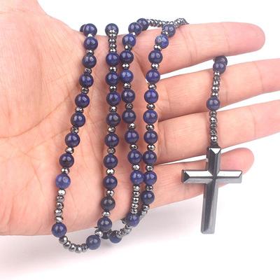 Religijny Matowy Czarny Krzyż Wisiorek z Sztucznym Agatem i Hematytem Naszyjnik - Długi Łańcuszek do Swetra