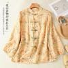National style imitation ramie shirt women's 1116 spring new Chinese stand-up collar disc-buckle printed shoulder-length sleeve top