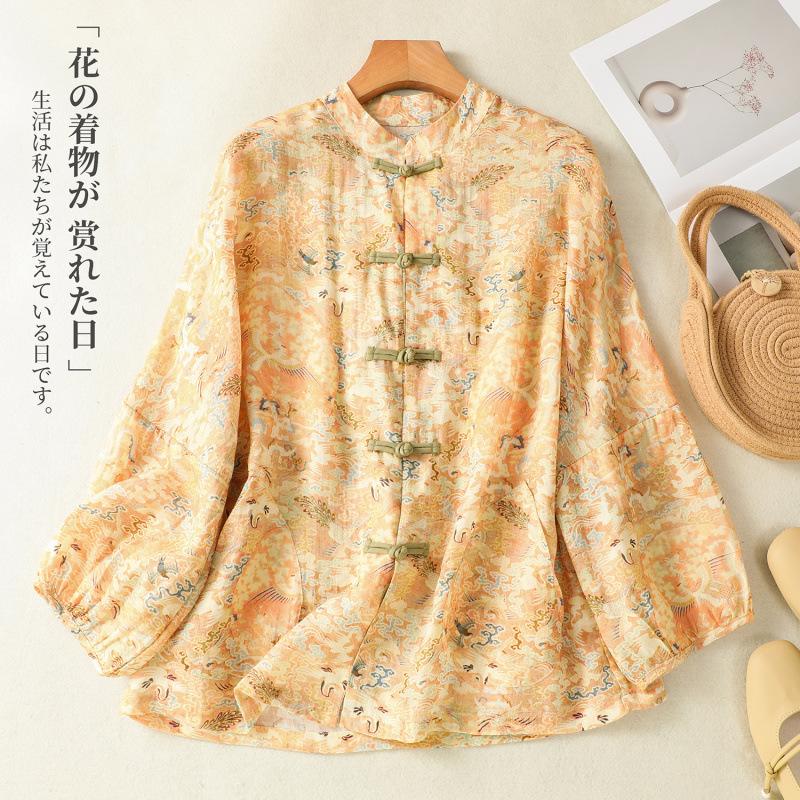 National style imitation ramie shirt women's 1116 spring new Chinese stand-up collar disc-buckle printed shoulder-length sleeve top
