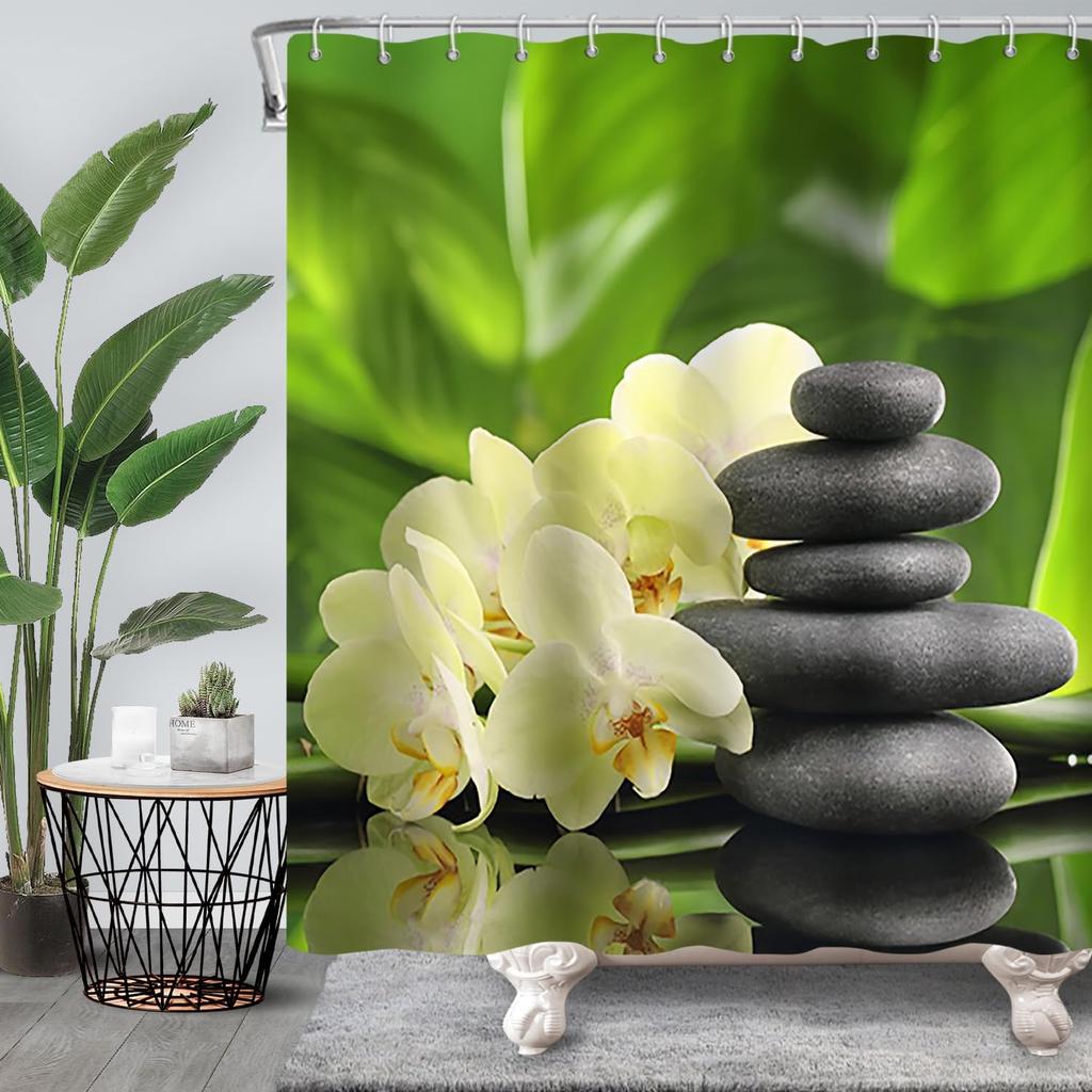 Zen Spa Shower Curtain Black Basalt Zen Stones Japanese Flowers Bamboo Leaves Spiritual Meditation Shower Curtain for Bathroom