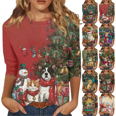 3/4 Sleeve Shirts For Women Print Christmas Tees Blouses Casual Plus Size Basic Tops Pullover