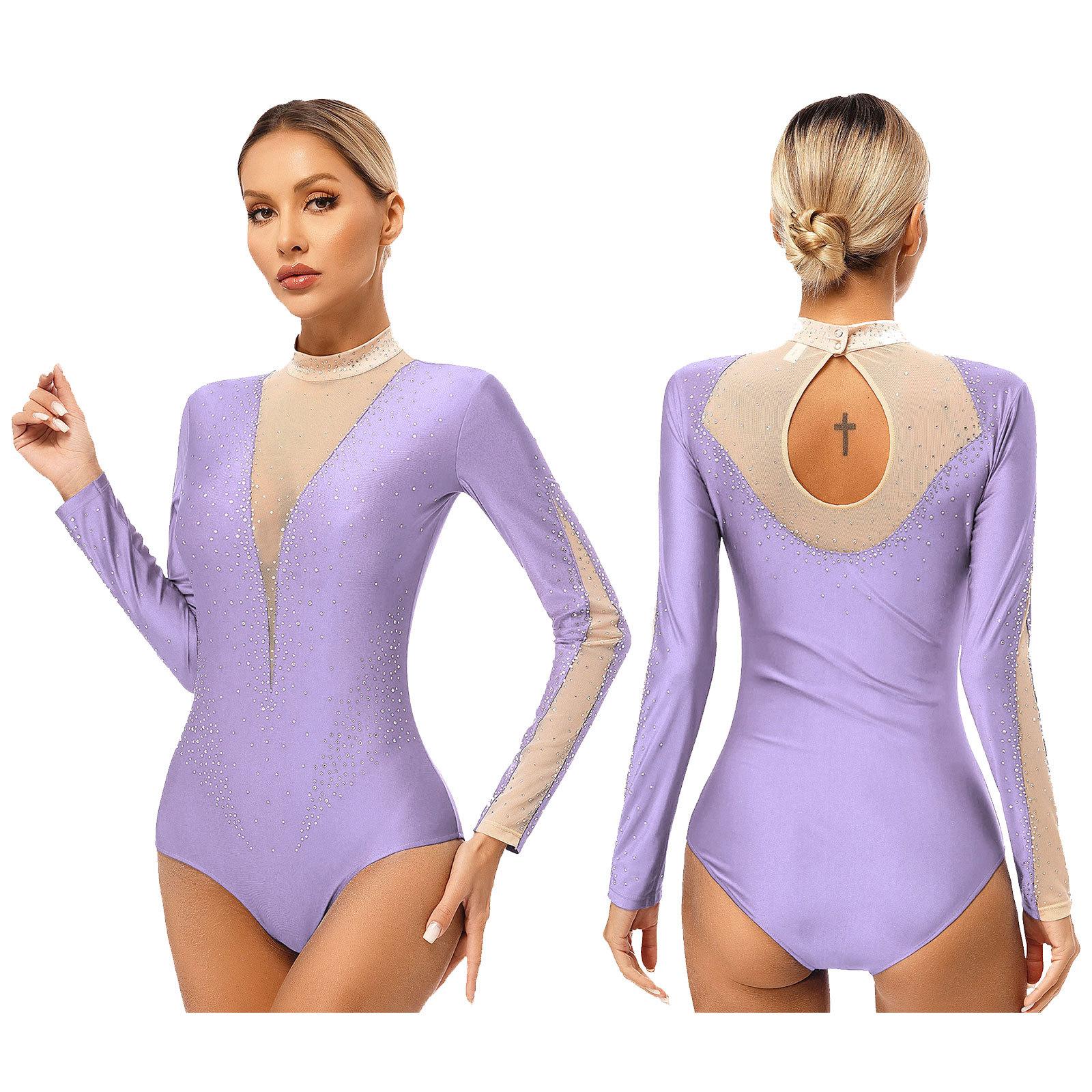 

Женский гимнастический купальник для взрослых с блестящими стразами и длинным рукавом, боди для соревнований по акробатике L светло-фиолетовый