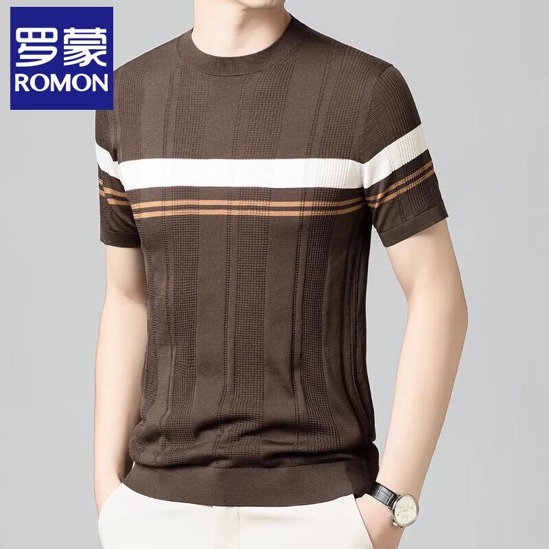 ROMON Men's Silk Blend Striped Knit Short Sleeve T-Shirt