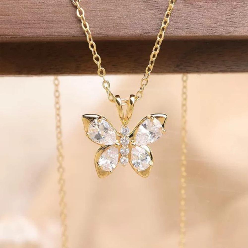 New Luxury Inlay Zircon Butterfly Pendant Necklace Stainless Steel Do Not Fade Clavicle Chain for Women Sweet Charm Jewelry Gift