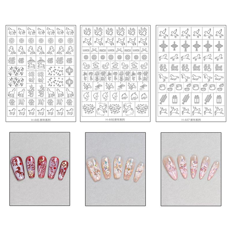 Flocon de neige creux transparent Feux d'artifice Cheval Autocollants pour ongles Pochoir aérographe Année du Cheval Série Nouvel An Décoration Autocollant pour ongles