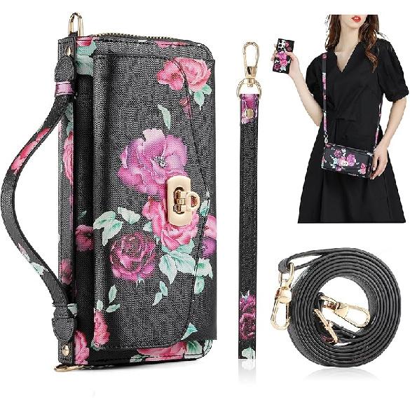 Crossbody Wallet Case for Samsung Galaxy S24 Ultra, Magnetic Detachable PU Leather Flip Phone Case with Card Holder RFID Blocking Wristlet Mirror