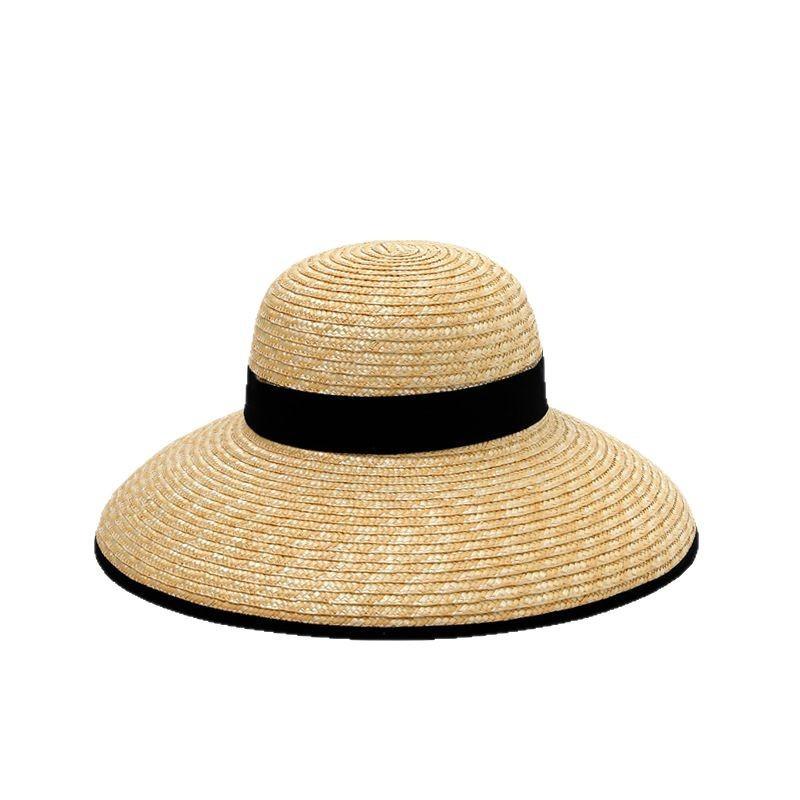 Big brim black hemmed straw straw straw hat women's summer dome retro French elegant Hepburn big edge woven hat
