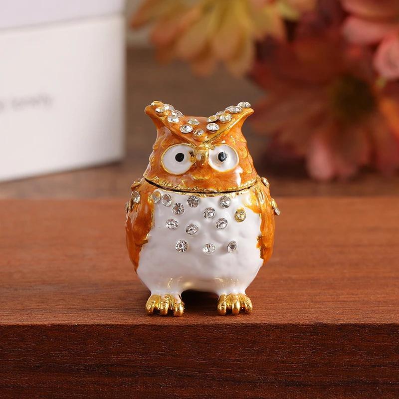 1pc Colorful Rhinestone Owl Jewelry Box, Enamel Mini Box, Exquisite Desktop Ornament Storage Box For Jewelry Storage
