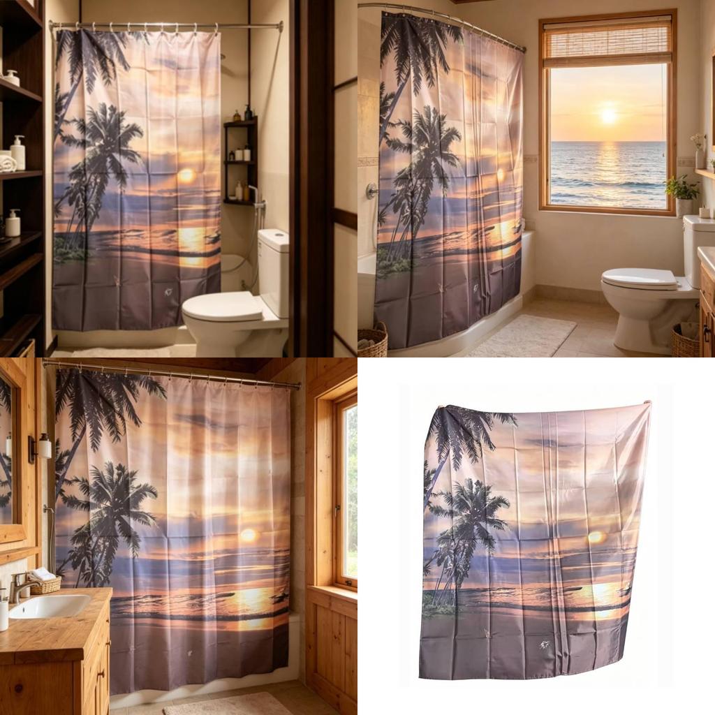 Sunset Palm Tree Shower Curtain With Waterproof Polyester Material For Bathroom Use