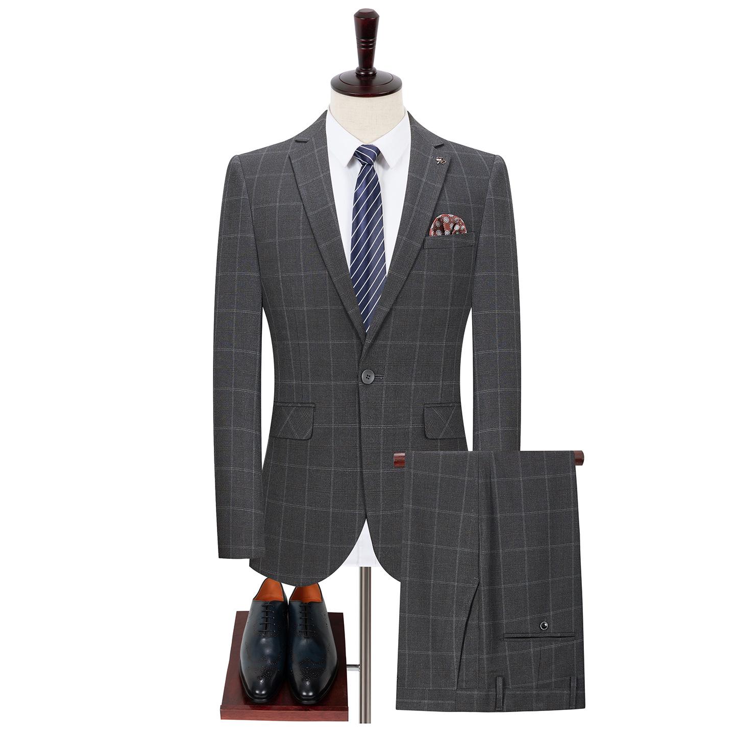 

2026 High-End Slim-Fit Plaid Wool Suit Set - Men s Non-Iron Business Casual Formal Wear for Weddings S