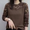 Women Spring Autumn Solid Color Round Neck Sweater Long Sleeve Lace Patchwork Embroidered Pullovers