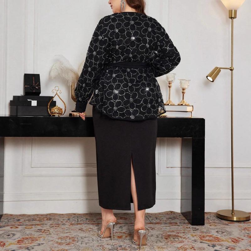 Damen Übergröße Zweiteiler Rundhals Langarm Eng Bodycon Langes Kleid Strickjacke Set