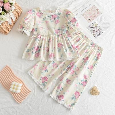 Girls' Summer Floral Set: Puff-Sleeve Blouse + Wide-Leg Pants Korean-Style Lace Two-Piece Set