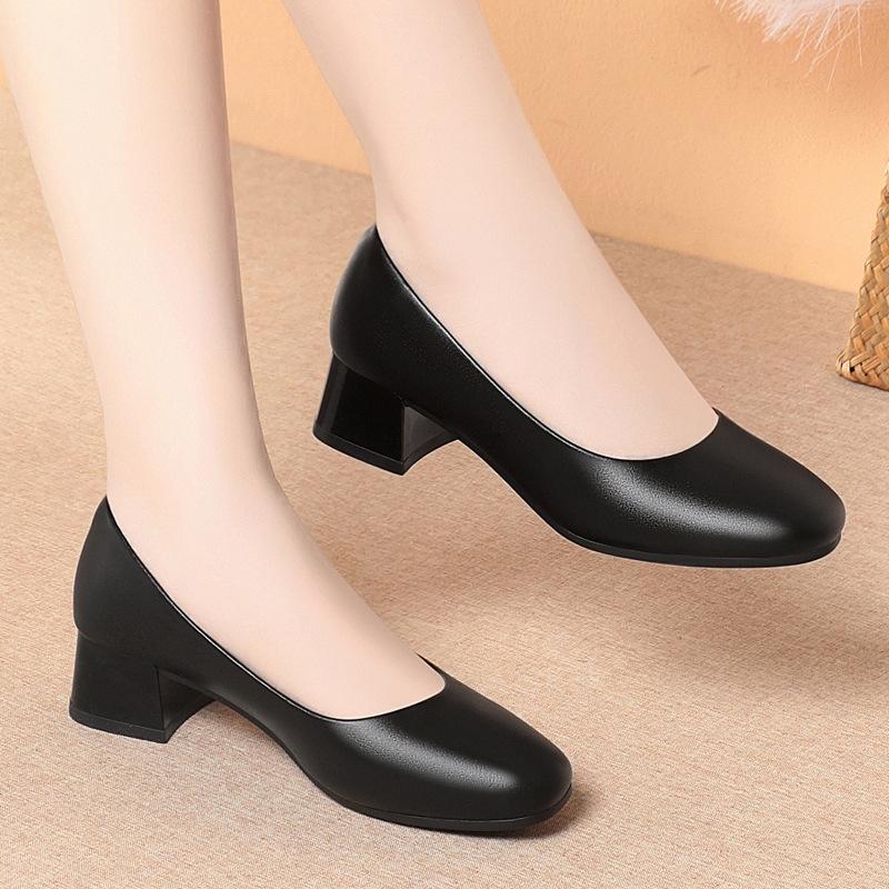 Stewardess leather shoes soft sole round head thick heel work shoes women black hotel dress interview single shoes women's shoes