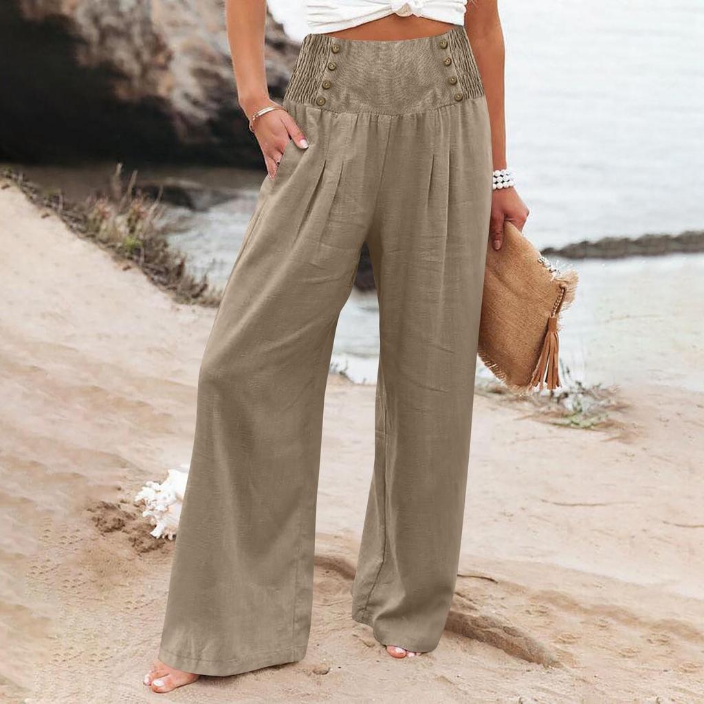Women's Loose Cotton Linen High Waist Wide Leg Pants - Spring/Summer Casual Elastic Waist
